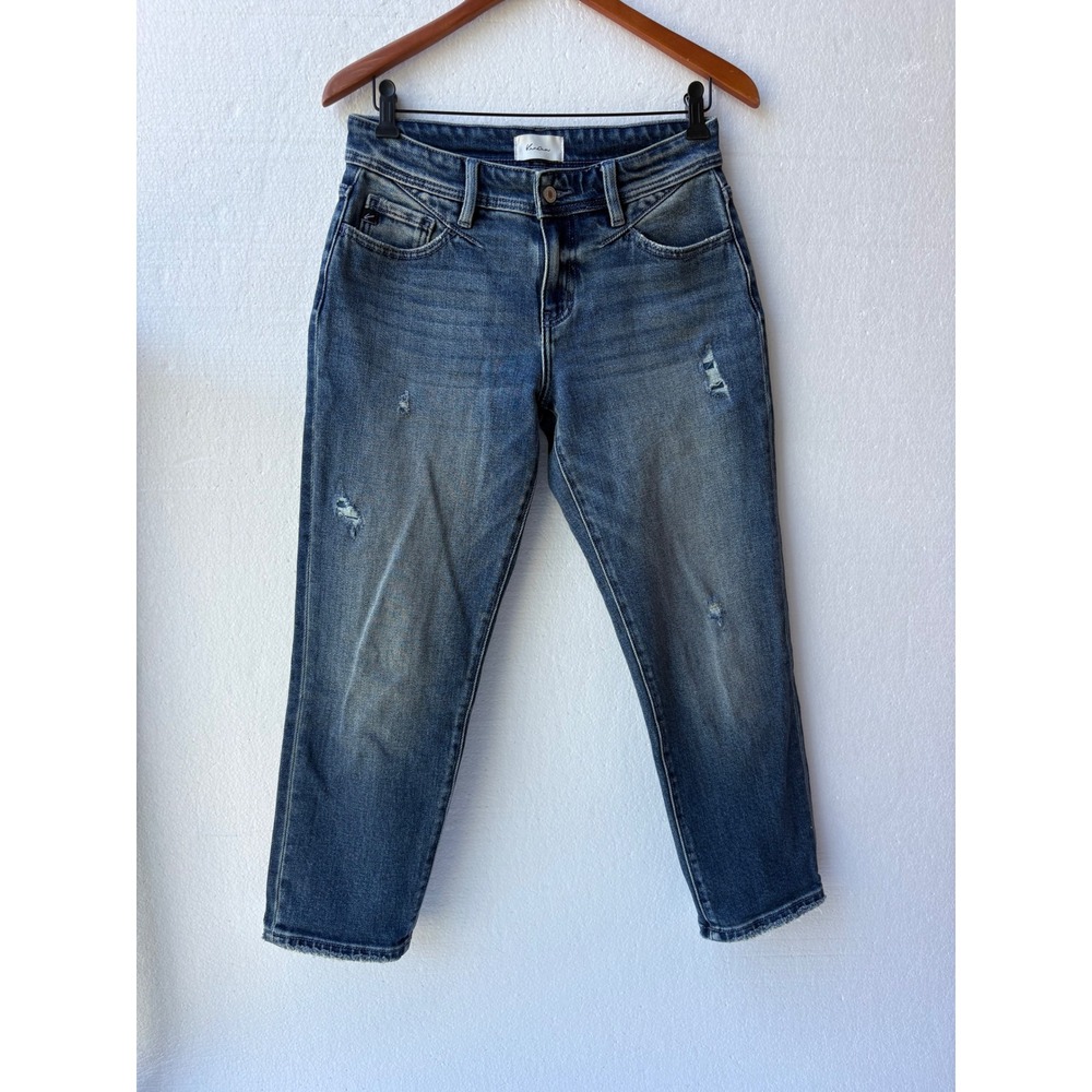 KanCan Slim Boyfriend Jeans Distressed Frayed Raw Hem Medium Wash Denim